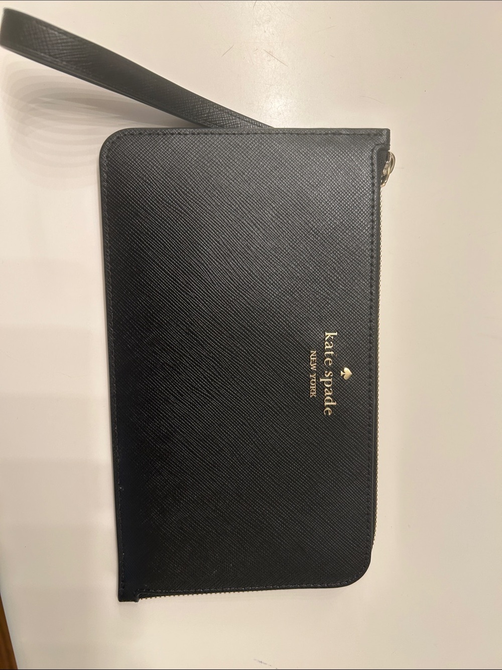 kate spade Black Saffiano Leather Zip Wristlet with Gold Logo